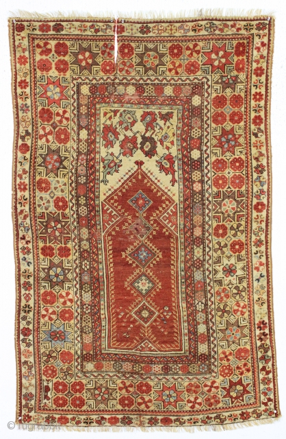 antique melas prayer rug. Classic turkish prayer rug with characteristic melas design. Overall mostly even low pile and all good colors. "as found", very dirty with some small worn area and a  ...