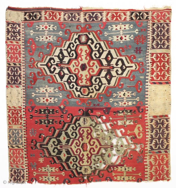 antique turkish kelim fragment. Fine weave. Attractive design with all natural colors. Could use a good wash. 19th c. Nice size, 5'4" x 5'9"         