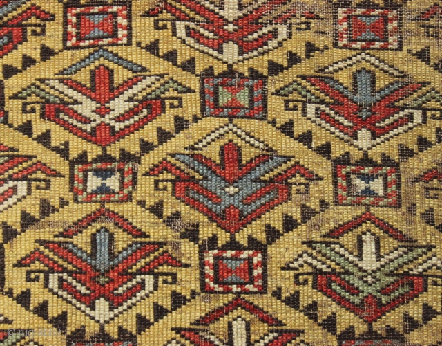 early yellow ground kuba shirvan rug. Fresh New England find. Well drawn field with eye catching borders including very unusual minors. "as found", very dirty with areas of wear and edge roughness.  ...