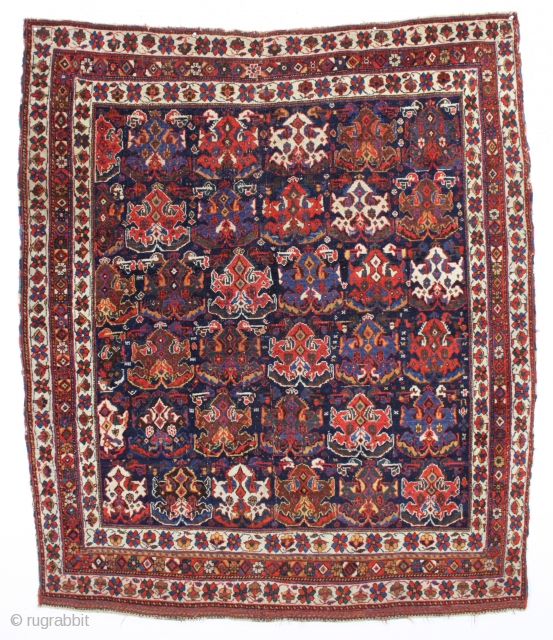 antique persian afshar rug with very nice design, overall good condition and excellent all natural colors. Attractive almost square size. Overall good even pile. Very slight wear and a tiny crease or  ...