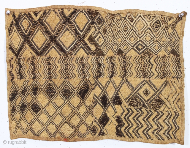 interesting older little kuba cloth. Charming design, looks like a sampler. As found, unmounted. about 14' x 18"               