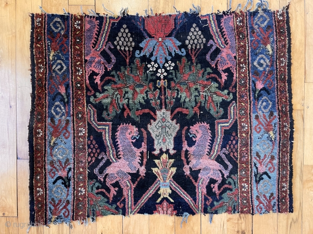 Antique bidjar lion rug fragment. Lovely colors and classic drawing. As found from local home, in distressed condition with rough cut ends. Scattered wear as shown. Could use a good wash. Late  ...