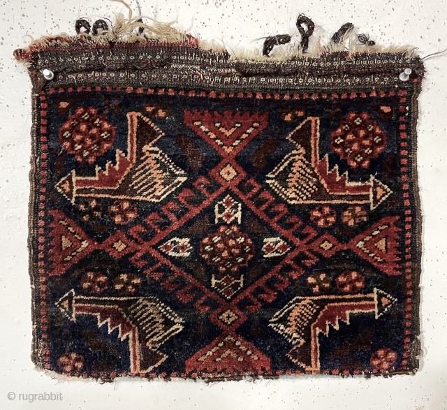  
Antique little Baluch bagface, sistan I believe. As found, original host hair selvages and top end flat weave with loops. Lower end has guard border tightly cropped with later added cord.  ...