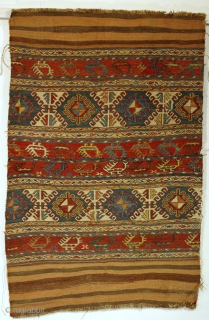 C154. Shahsavan. C19. Rare soumak weave with bird motif. Two panels of a mafrash. Worn very thin in parts but structurally sound. 127x87cm. 4'2x2'10. US$1800 inc delivery.      