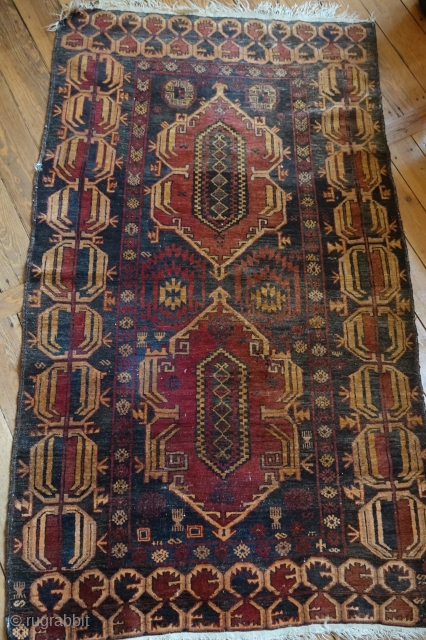 This item is not for sale. Oriental, or orientally inspired, carpet with considerable age. 208 x 116 cm. Wool ( that feels like silk ) on cotton foundation, dense knotting. All colors  ...