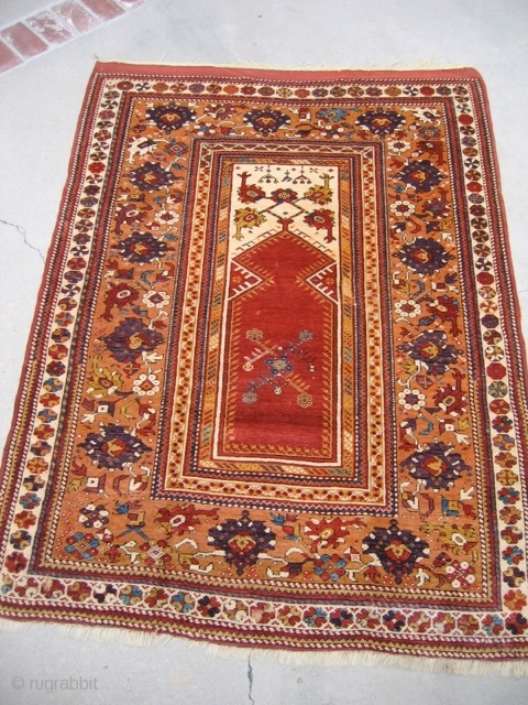 Nice 19th century Turkish Melas.  It's 4'4" x 6'2" (somewhat larger than is typical for the type) and is in excellent condition.  There is one very small area--maybe 10 knots--of  ...