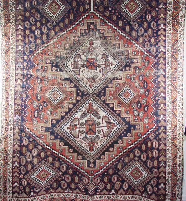 Early 20th. century Afshar rug, with considerable wear, very nice colours. SOLD                     