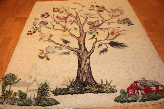 Antique American Hooked rug 3'-10'' x 3'-1'' "Tree of life"                       