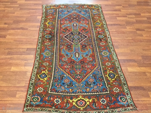  # 3868- An antique Kurd Bidjar rug from northwest Persia, size 3 ft. 7 inches by 6 ft. 10 inches, circa 1890. large diamond medallion on Terra-cotta field, with two anchor  ...