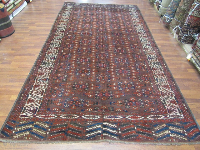 Antique Yumud Turkoman Main Carpet-1486. , Woven by tribal people of Southeast Turkmenistan and border of Iran, size 6'.3"x 11' circa 1900. Rectangular central field with offset rows of kapsa guls on  ...