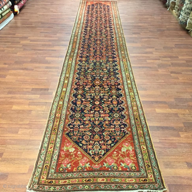  Antique Persian Long Seneh Runner,  Northwest Persia,,size 3' by 17'.5", circa 1910,herati pattern,repeated field design consisting a flower centered in diamond with curing lanceolane leaves located outside the diamond on  ...