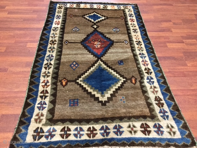 # 2883- Antique Persian Gabbeh Tribal Rug from Southwest Persia, Fars providence, size 3 ft. 8 inches by 6 ft. 1 inc, three stepped unsymmetrical diamond medallion in blue and red on  ...