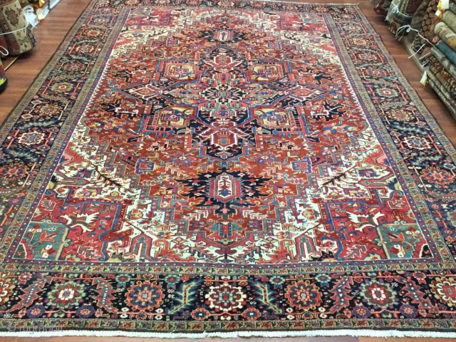 Charming Antique Persian Heriz Rug-4485- Northwest Persia, size 9 ft by 12 ft, circa 1920, gabled square medallion surrounded by palmettes and flowering vine in green,midnight blue,corral,blue, sand and ivory on rust  ...