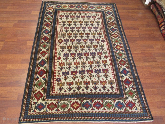 9th C Ivory field Kuba Caucasian Rug-4246- northwest Caucasian,size 4 ft by 5 ft. 9 inches, circa late 19th century,cotton head flowers pattern in rust,green and blue covered entire ivory field ,excellent  ...