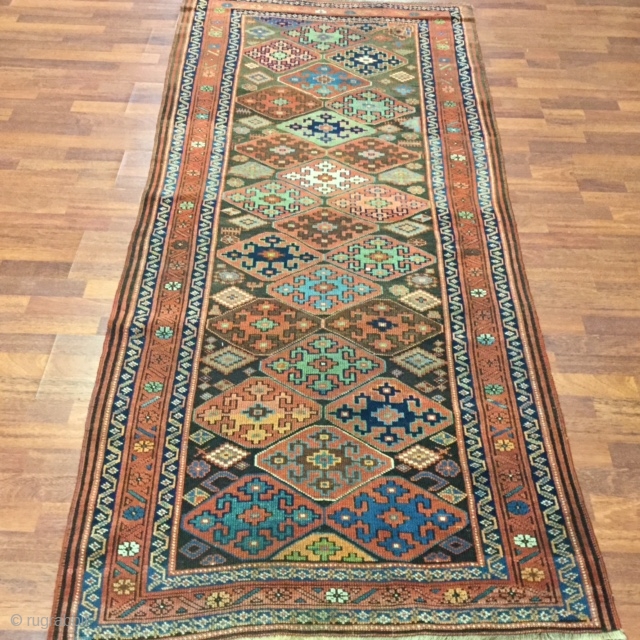 19th C Kurd Jaff- Caucasian Rug-3405, , northwest Persia, size 3 ft. 6 inches by 8 ft. 3 inches, circa late 19th century, serrated octagonal lattice with lozenges in blue, light blue,  ...