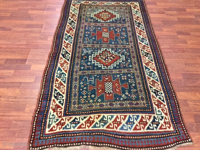 Charming antique Holbein Karachof Kazak -Charming antique Holbein Karachof Kazak ! From southwest Caucasian, size 3 ft. 5 inches by 6 ft, circa 1880 , something of a oddity, with a vertical  ...