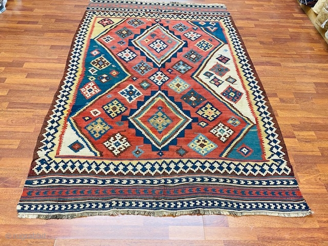 Colorful antique Persian quashqaie Kilim rug-2251

Beautiful antique Persian Quashqaie Kilim rug from southwest Persia, size 5 ft. 2 inches by 8 ft., circa 1900, excellent condition with all wool foundation, original ends  ...