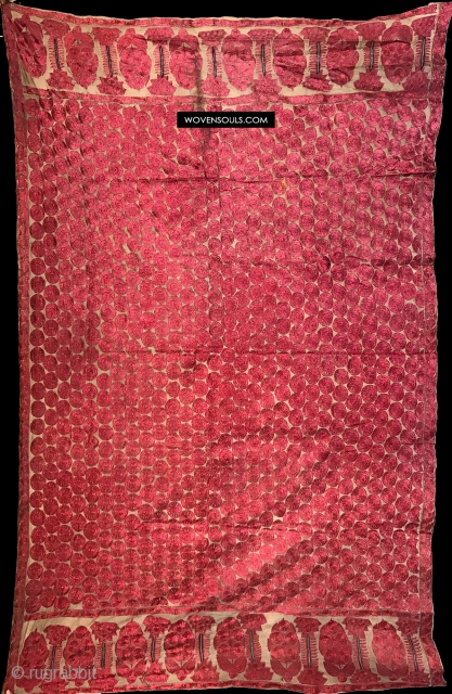 Old Abochani Odhana from Sindh. Silk embroidery done allover on fine base cloth. Used by brides. Superb gloss and strong presence. Will make a great display piece. See more here: https://wovensouls.com/collections/auction  