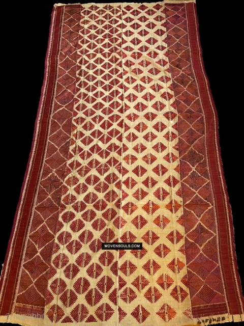 A stunning red & white Phulkari, Punjab, early-mid 1900s. Used in wedding ceremonies [Do read the interesting findings of a field study linked on the page]
LINK: https://wovensouls.com/collections/antique-red-white-phulkari-textiles-of-punjab      