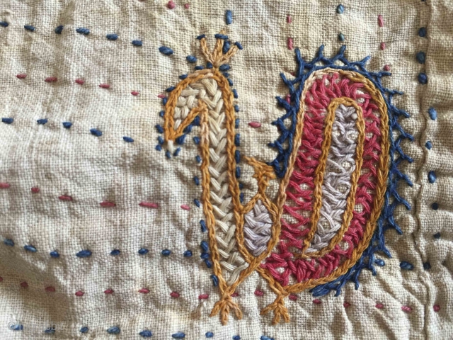 Superb rustic embroidery on soft handspun handwoven handstitched cotton cloth bag
Beautifully yellowed with age
Gujarat - probably Saurashtra
Late 1800s - early 1900s

See more here https://wovensouls.com/collections/recent-additions-1
 
NOW MOVED TO ANOTHER LOVING HOME   