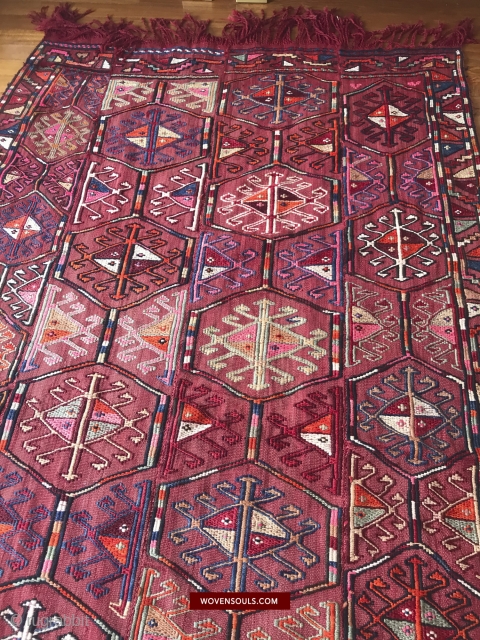 Vintage Cicim / Turkey 240 x 130 cm More photos here: https://wovensouls.com/products/1527-vintage-anatolian-embroidered-cicim-kilim-rug                     