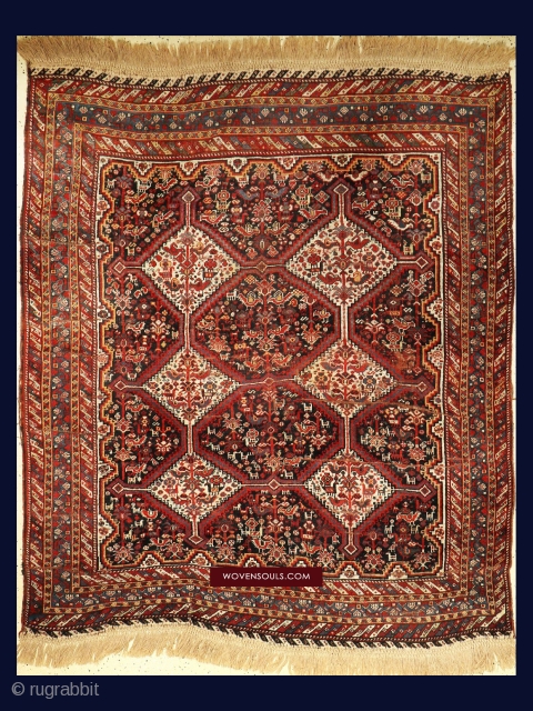 Old Khamseh Confederacy Bird Rug with lovely borders and squarish format. More photos and details: https://wovensouls.com/products/1526-antique-khamseh-khamse-bird-rug                 