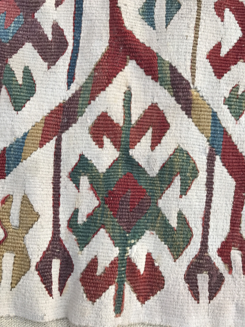 Enjoy the beautiful white borders on Asset 832 - Pair of antique Anatolian kilim fragments (mounted). The colors, the old motifs and the contrasting borders around each motif are the reasons I  ...
