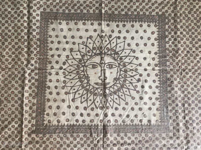 An old Jain Ceremonial Textile. More Details - https://wovensouls.com/products/1362-antique-jain-ceremonial-textile-artwork-with-henna-painted-sun-motif

                        