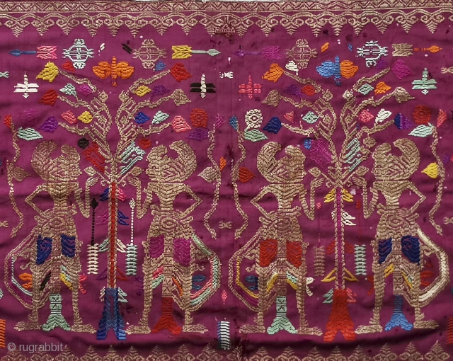 An intriguing silk Songket weaving from Bali with Ramayan scene woven in Zari and multicolored silk floss. More details on https://wovensouls.com/products/1441-antique-bali-silk-balinese-ramayan-songket-textile            