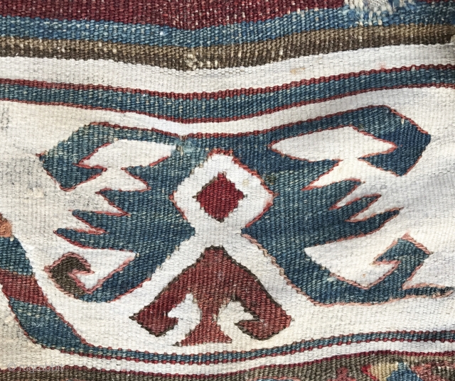 Specatcular white borders on Anatolian Kilim fragment. More photos here: https://wovensouls.com/products/832-pair-of-antique-anatolian-kilim-mounted-fragments-gorgeous-white-borders?ls=en / Can be shipped out immediately.
                