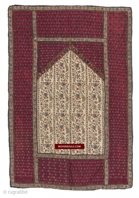 Kashmir Prayer Mat composed of various (probably pashmina shawl) wool cloth. Early 1800s. Acquired from Christie's London. https://wovensouls.com/products/1469-antique-kashmir-prayer-niche-mat-jamawar-pashmina               