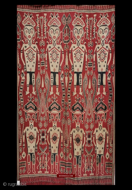 Heirloom Iban Ikat Pua Kumbu Textile with two rows of humans,each row displaying different hair styles / head cloths & different tattoo patterns on their legs & chest. https://wovensouls.com/products/1449-antique-iban-ikat-pua-kumbu-woven-textile-from-sarawak    
