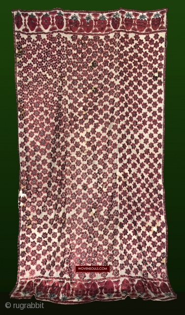 Lovely Old Bridal Sindh Shawl with very lustrous silk. Worth a look. 

https://wovensouls.com/products/1365-superb-antique-sindh-odhana-abochani-wedding-shawl-six-petalled-flowers                    