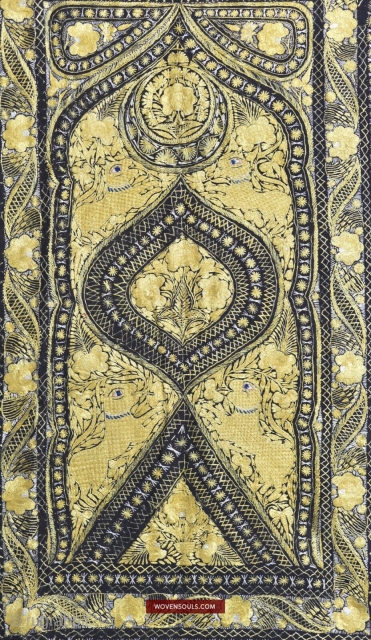 Rare Figurative Hanging Phulkari with lion figures and architectural motifs used as ceremonial offerings to Shia Saints in the Deccan region (Hyderabad). More details: https://wovensouls.com/products/1397-antique-deccan-ceremonial-offering-phulkari-textile-lion-motifs        