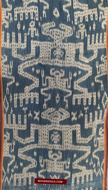 Old Ikat with anthropomorphic figures. 12 large primary figures surrounded by numerous small figures including birds and other anthropomorphic figures are seen. Softened through age and usage.Asset 1454 / Wovensouls. 

https://www.facebook.com/groups/2902492060055857  