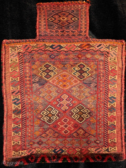 A very attractive fine old soumak Bakhtiari salt bag from east Anatolia or Kurdistan. Highly skilled and detailed embroidery work in a beautifully balanced colour palette with piled base and striped kilim  ...