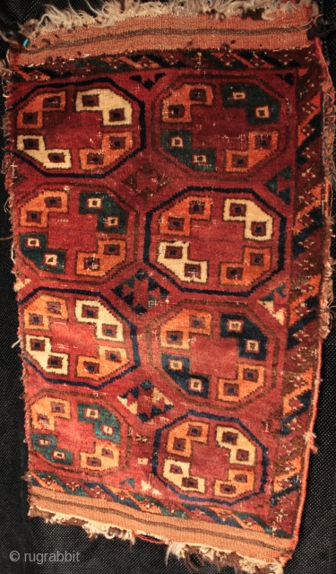 Interesting antique balisht pillow face of uncertain origin with one long border reduced, about which I am sure someone on Rugrabbit will be able to enlighten us. So far suggestions have included  ...