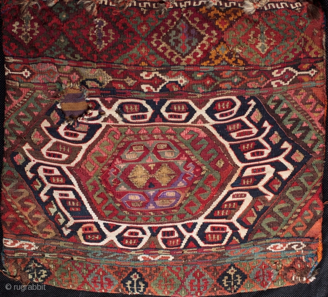 19th c. complete Malatya dowry heybe from Sinan, one of the tribal villages now under the Karajaya dam. This particular finely woven design with sideways, Kurdish style interlocking figures in the borders  ...