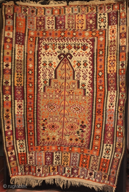 100 years old this year, a beautiful large east Anatolian Erzurum, Kars district prayer kilim from the Gumushane/Erzincan area. Fine weaving of three complex borders and intricate motifs, central tree of life  ...