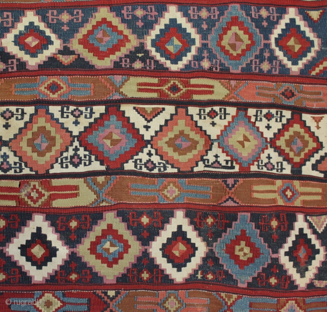 Antique Anatolian Malatya area kilim with an exceptionally well balanced palette, juxtaposition of colours and fine drawing of motifs. In very good original condition with just a few home made repairs to  ...
