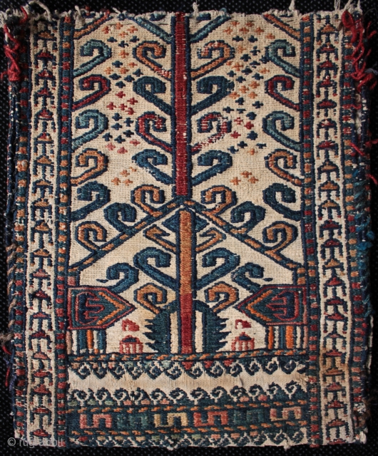 Antique chanteh or salt bag adapted from a section of a wide tent band with interesting design and good colours. Size: two sides each 32cm x 26cm.

One of the weavings from a  ...