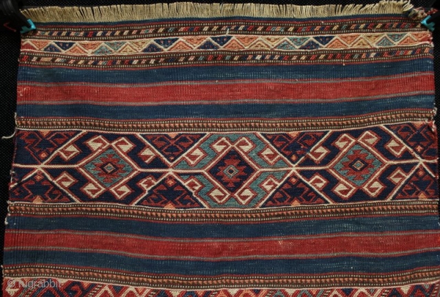 Antique Bergama soumak chuval face. Fine drawing of motifs and good colours, some small old home made repairs, circa 1910.
92x68cm

For more photos see: http://kilim.ie/TRIBAL_RUGS_and_KILIMS/Pages/SMALL_MEDIUM_CICIM_EMBROIDERED_RUGS.html

Please email me for more information    