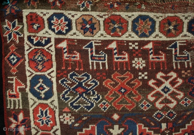19th century Bakhtiari carpet fragment, perhaps half a complete rug. Beautiful colours, animals, stars/flowers and other tribal motifs. Mainly good condition with areas of low pile, a couple of fold lines and  ...