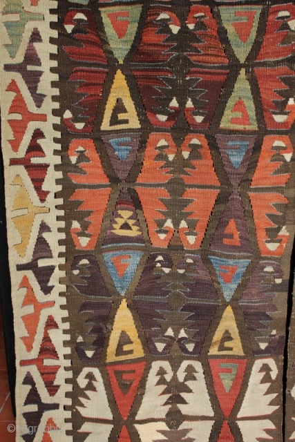 A spectacular 14 foot long antique Anatolian marriage kilim from Aksaray. Great colours and abrash and some interesting colour variations between the left and right halves woven by the bride and groom's  ...