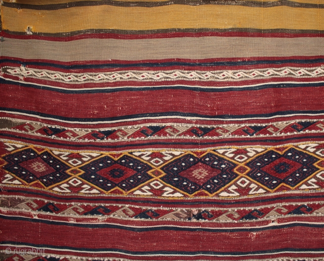 Rare survivor, a very large finely woven 19th century West Anatolian Elmali kilim chuval.

In good shape considering its age, a cicim embroidered kilim chuval from Elmali in the Korkuteli area of West  ...