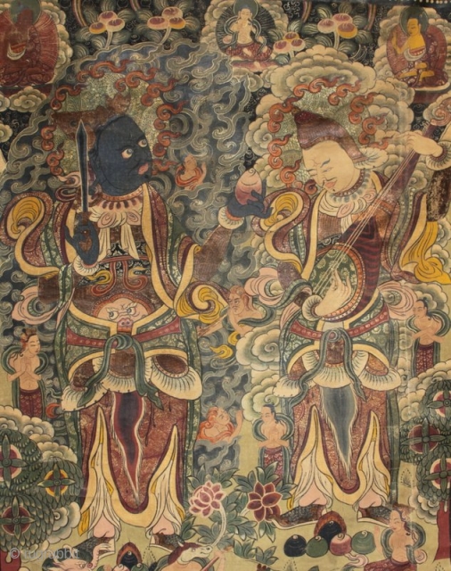 A rare and beautifully painted very large Tibetan monastery thangka of two of the guardian kings of Buddhism. The thangka is in excellent condition and older than it appears as you can  ...