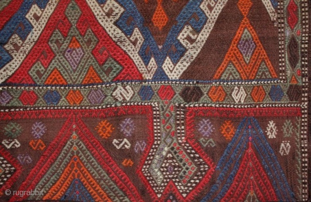 A jewel-like antique central Anatolian çiçim from Konya with an interesting border like a Cappadocian chimney prayer kilim. Fine embroidered soft wool on a flat weave foundation. Wonderful use of colour with  ...