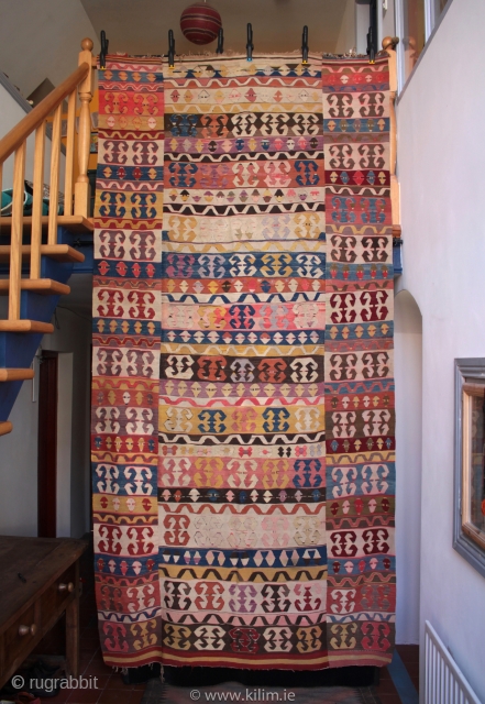 Large antique Konya enikli kilim. An unusual kilim with the motifs in the separately woven wide border panels matching the field design, something I have not seen before.  A recent find  ...