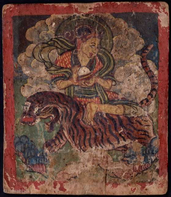 Early pair of Tibetan or Mongolian Buddhist tsakli. 

Tsakli are small thangka paintings used for personal Buddhist practice and are sometimes painted in a series for teaching. The first tsakli possibly depicts  ...