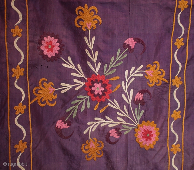 Uzbek silk suzani in niche form.

From a collection of Syrian shawls and other antique textiles acquired in Turkey in September; silk embroidered suzani from Uzbekistan in niche form, perhaps related to a  ...